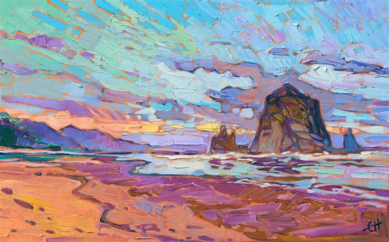 Oil painting of Cannon Beach Oregon coast, by local painter Erin Hanson