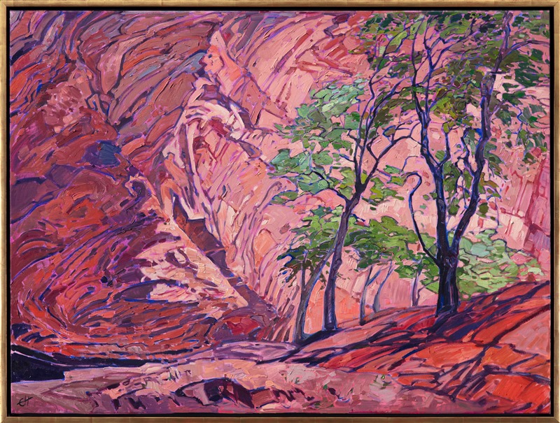 Oil painting of a landscape in Chelly Canyon in gold floater frame painted by Impressionist artist Erin Hanson.