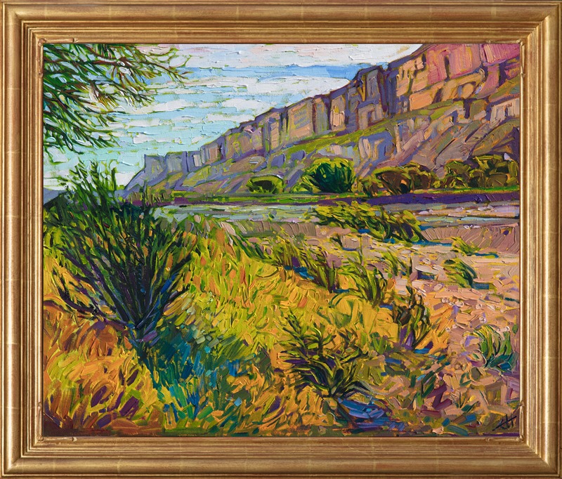 Big Bend National Park painting by modern impressionist Erin Hanson, framed in a gold floater frame