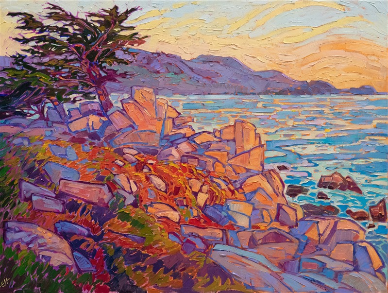 Carmel cypress tree California coastline oil painting by modern impressionist Erin Hanson