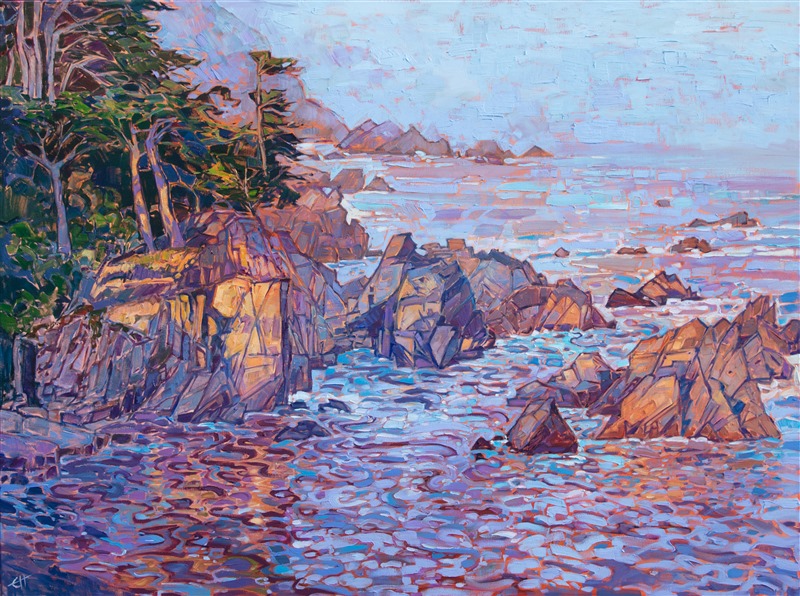 Carmel coastline early dawn oil painting by modern impressionist artist Erin Hanson.