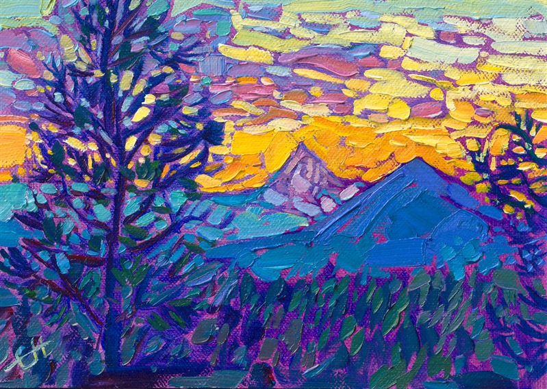 Tiny petite painting of Oregon Cascade mountains at sunset