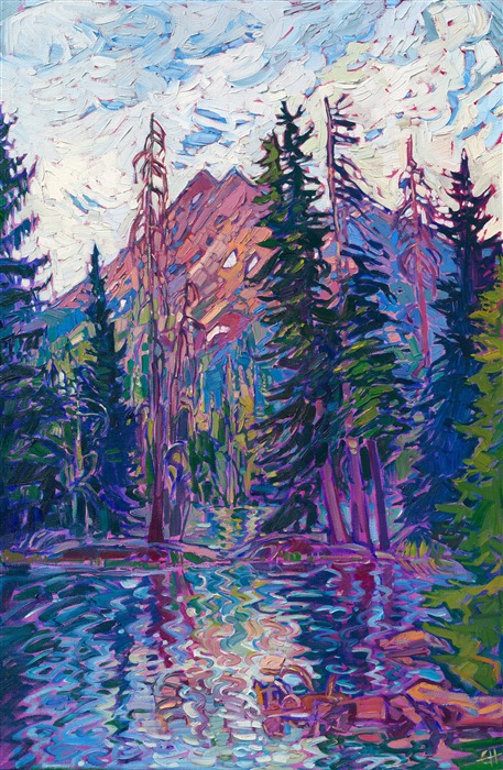 Cascade mountain reflections painting by American impressionist Erin Hanson