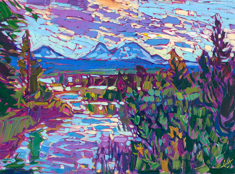 Oil painting of the Three Sisters in the Oregon Cascades, by local impressionist painter Erin Hanson. Visit her gallery and studio in McMinnville, Oregon.