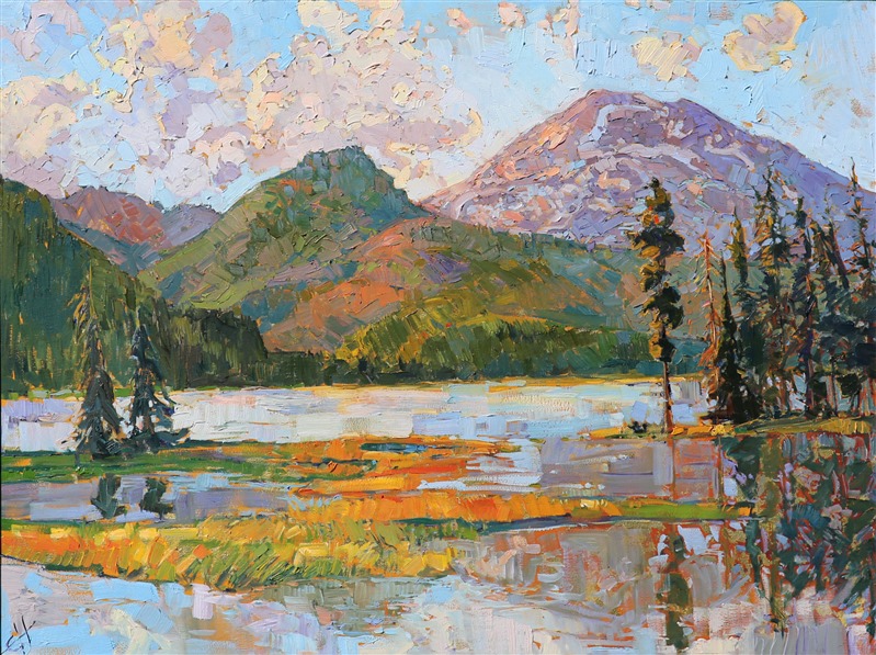 Oregon Cascades painted in oil over 24 karat gold leaf, by modern impressionist painter Erin Hanson