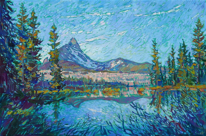 Painting of the Cascades mountain art in a colorful impressionist style, by Erin Hanson. Original oil paintings, prints, and replicas are available for purchase at The Erin Hanson Gallery in McMinnville, Oregon.