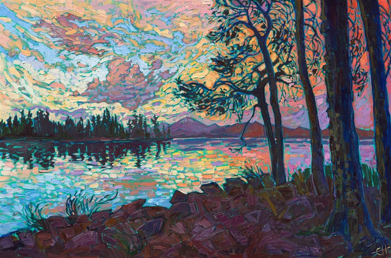 Oregon Cascades sunset landscape painting in a Van Gogh style, by modern impressionist Erin Hanson.