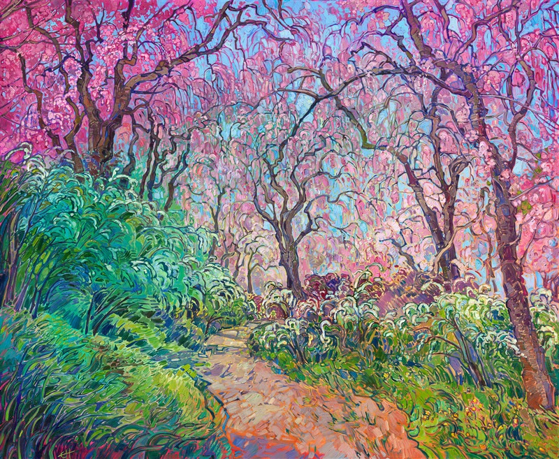 Painting of weeping cherry trees pink sakura from Kyoto, Japan, original oil painting and prints for sale at The Erin Hanson Gallery, Mcminnville, Oregon