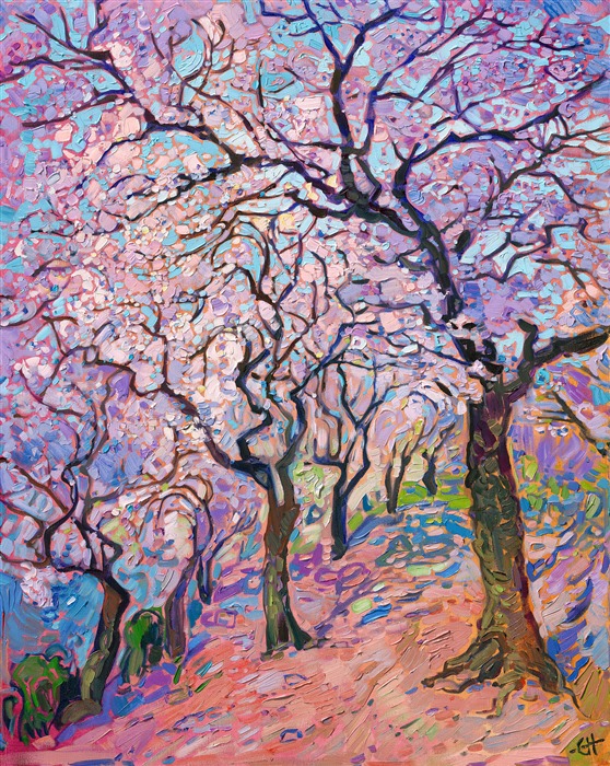 Japanese cherry tree blossom art oil painting of Kyoto, Japan, in a contemporary impressionism style, by Erin Hanson.