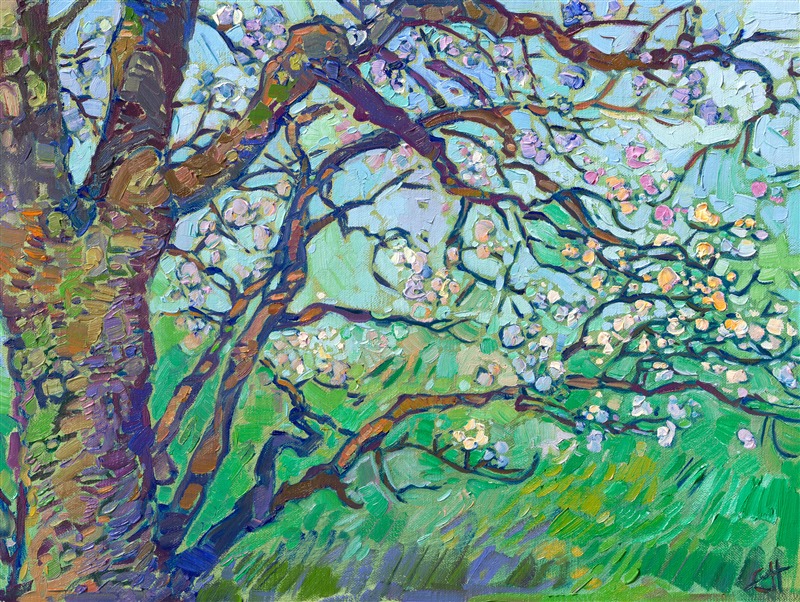 Painting of Japan cherry blossoms from Kyoto, by contemporary impressionist Erin Hanson