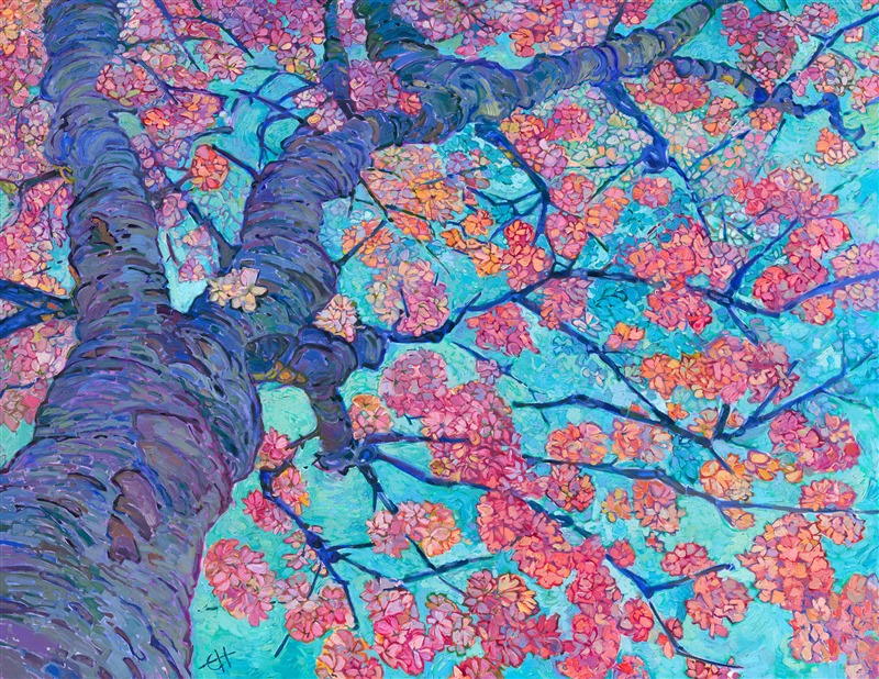 Giant oil painting of cherry blossoms, my modern impressionist master and rising star artist to invest in: Erin Hanson. Erin Hanson&amp;amp;amp;amp;amp;#39;s painting prices have doubled consistently every five years.