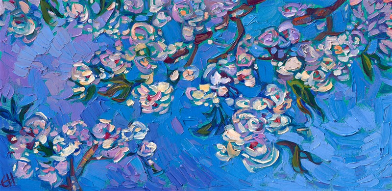 Cherry blossoms impressionism painting cherries on blue sky, original oil painting by Erin Hanson