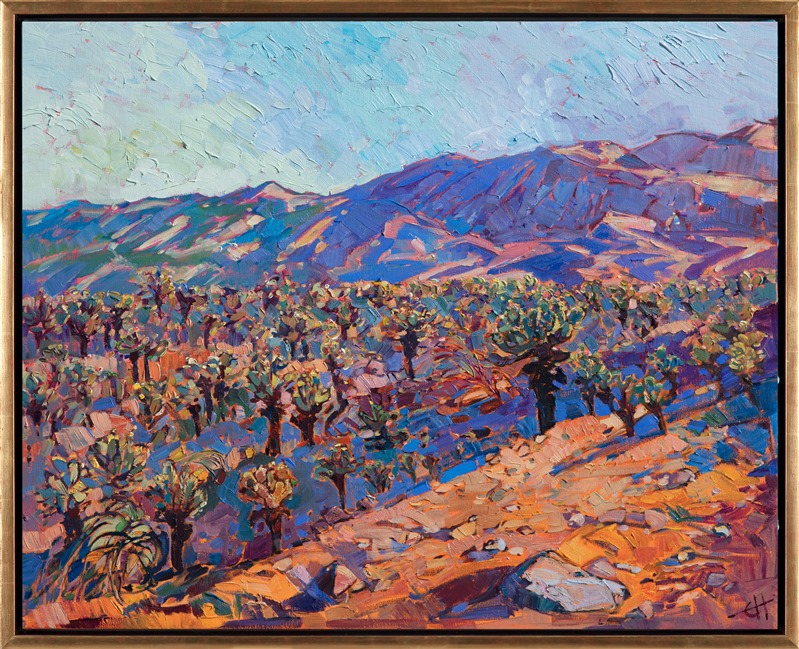 Jumping Cholla field in Joshua Tree National Park oil painting framed in gold floater frame