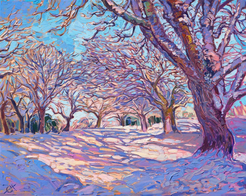 A white Christmas in Amity, Oregon. Original oil painting by local artist Erin Hanson.