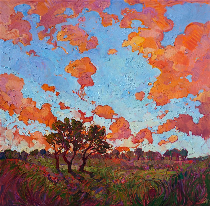 Texas landscape painting with wildflowers, modern oil painting by Erin Hanson