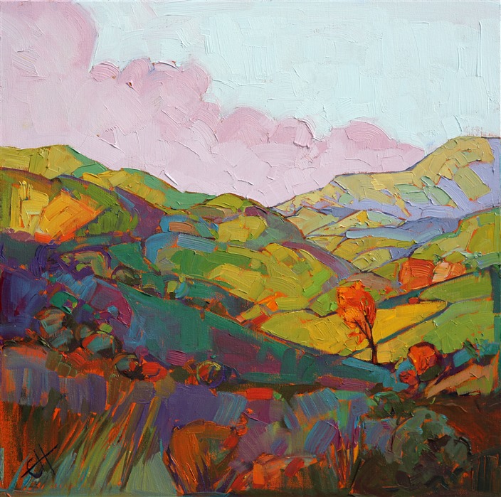 Abstracted geometic landscape oil painting by modern impressionist painter Erin Hanson