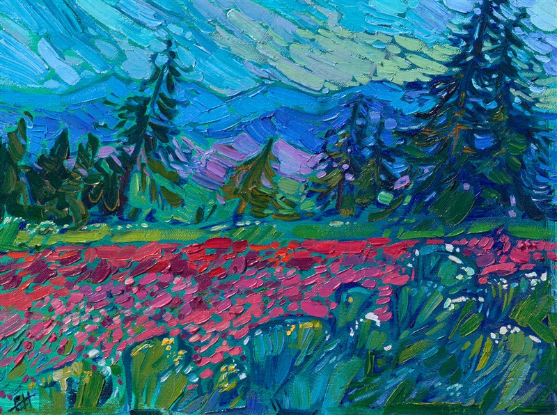 Clover field landscape painting by American impressionist Erin Hanson, for sale at The Erin Hanson Art Gallery in McMinnville, Oregon.