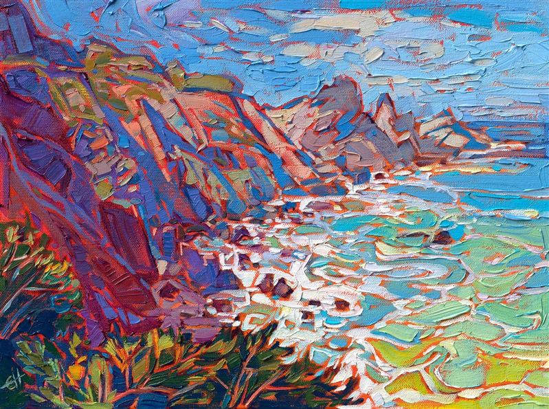 Highway 1 coastal landscape oil painting in a contemporary impressionism style, by oil painter Erin Hanson.