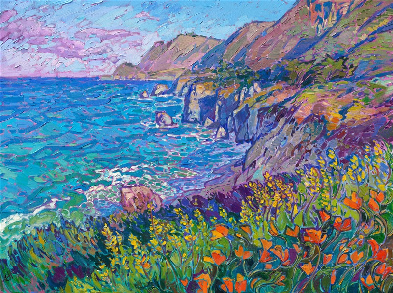 Painting of California poppies on Highway 1 coastal landscape original artwork for sale by Erin Hanson