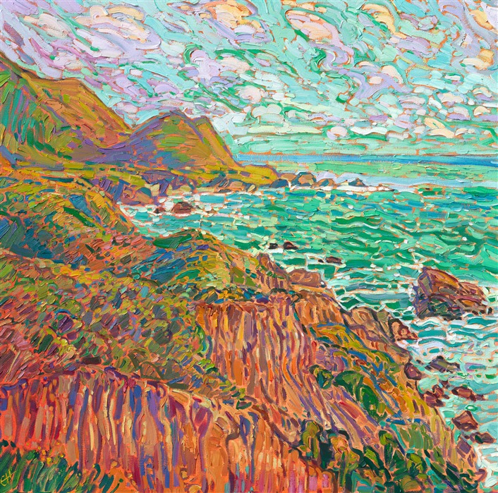 California art painting of sandstone cliffs of California coastline, painted in a limited palette of greens, by modern impressionist painter Erin Hanson