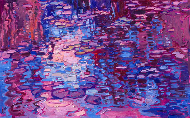 Purple and blue painting of Monet&#39;s water lilies, by American impressionist Erin Hanson