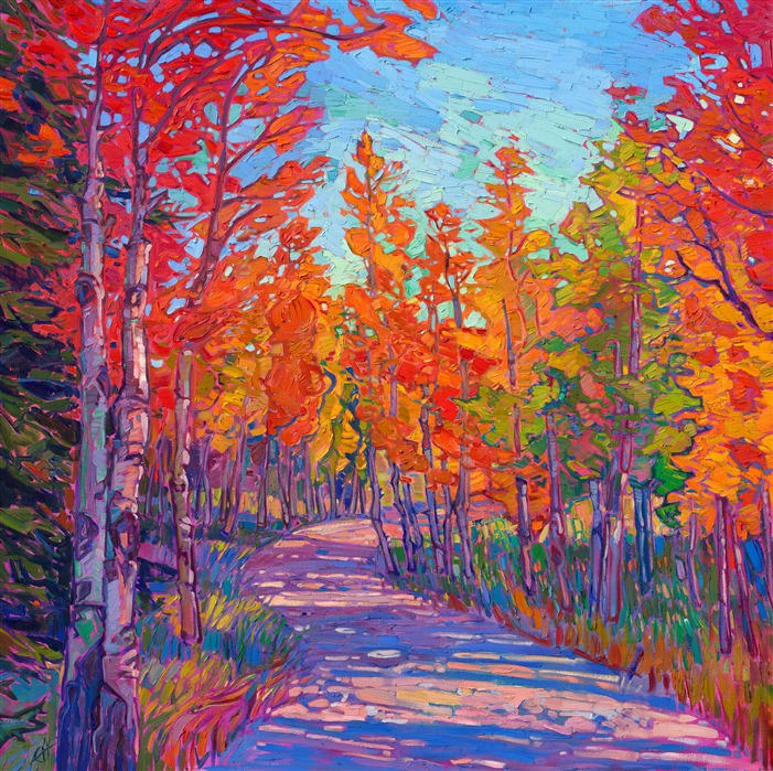 Aspen forest fall color in fiery reds and yellows, by modern impressionist painter Erin Hanson