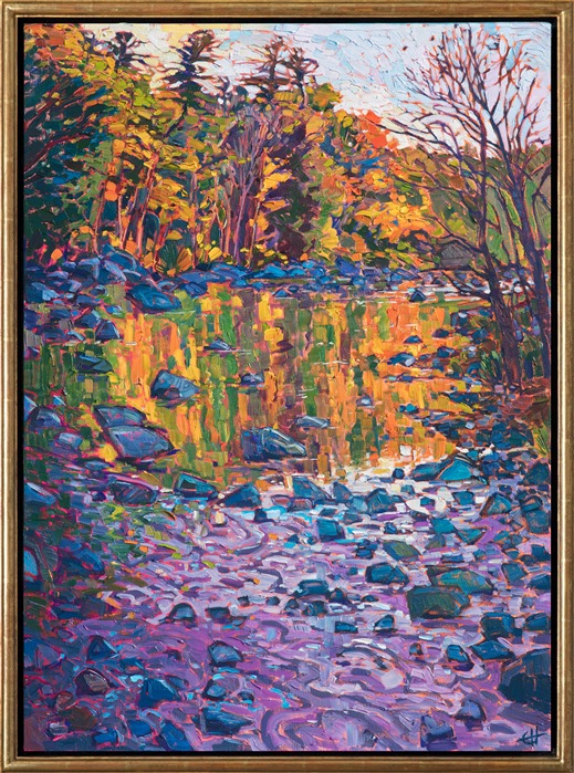 Impressionistic oil painting of the autumn trees reflecting in the lake framed in a gold floater frame