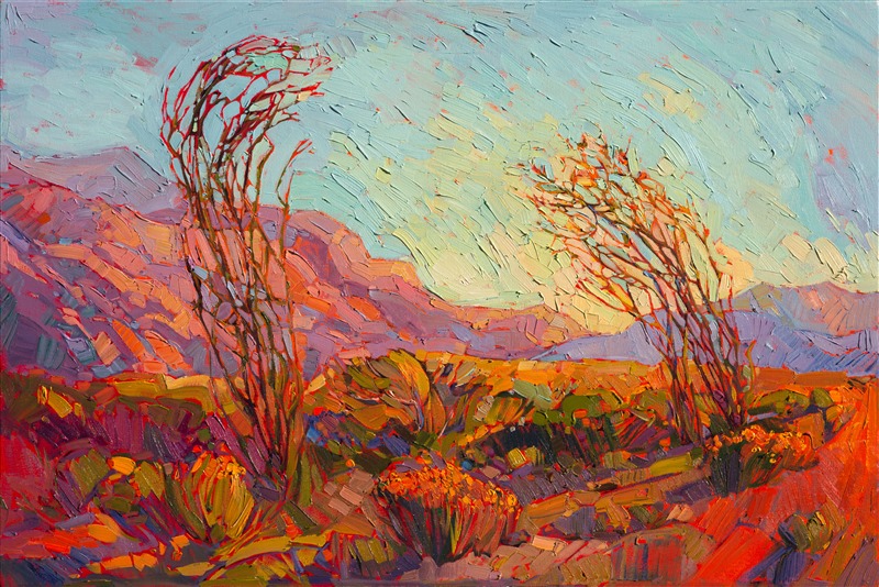 Joshua Tree National Park - ocotillos in bloom original oil painting by Erin Hanson