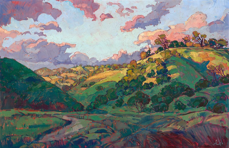 Paso robles California wine country landscape oil painting of rolling hills and oak trees, by Erin Hanson