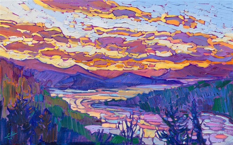 Small painting of Columbia River Gorge, by local impressionist landscape painter Erin Hanson -- visit the art gallery in McMinnville, Oregon.