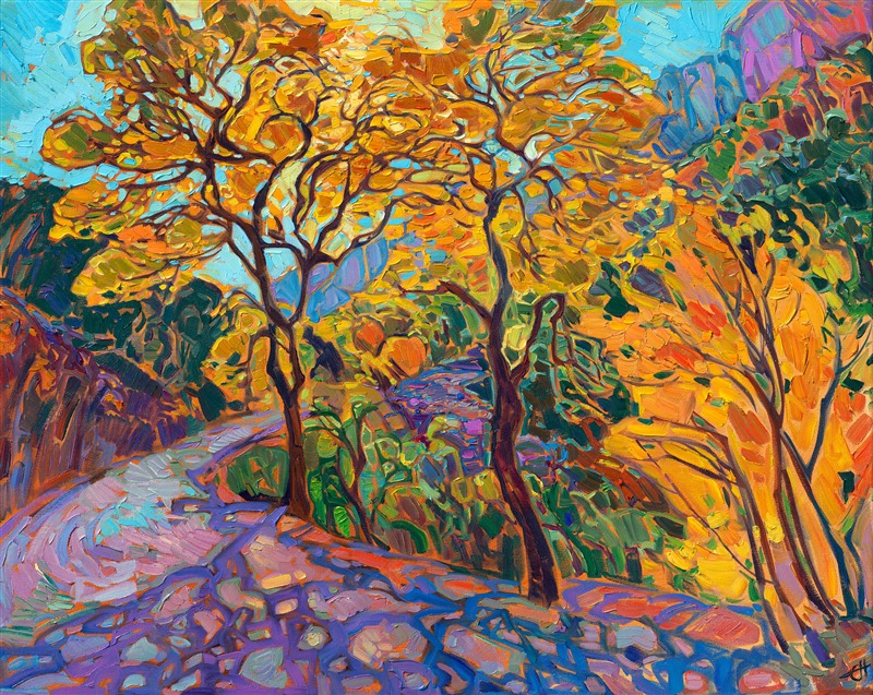 Painting of Zion National Park cottonwood trees, by American impressionist Erin Hanson. Colors of autumn in southern utah art.