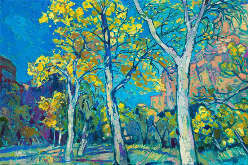 Painting of cottonwood trees in Zion National Park, southern Utah landscape oil painting for sale by American impressionist Erin Hanson