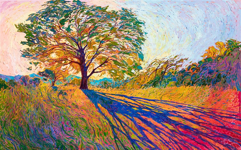 Large oil painting of Texas hill country, in a contemporary impressionism style, by modern artist Erin Hanson