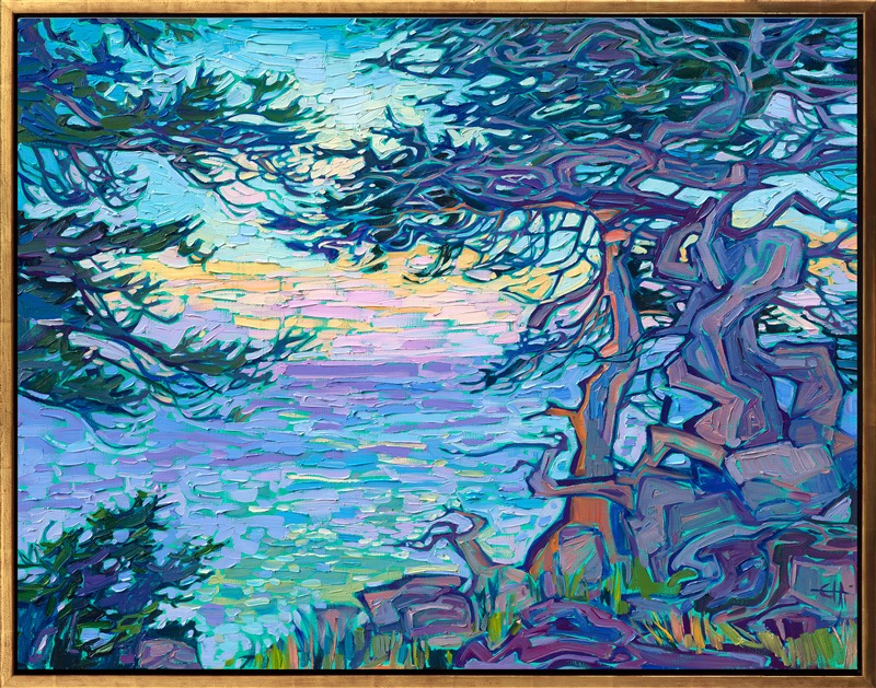 Monterey cypress tree oil painting of Pebble Beach near Carmel, California, original artwork for sale by artist.