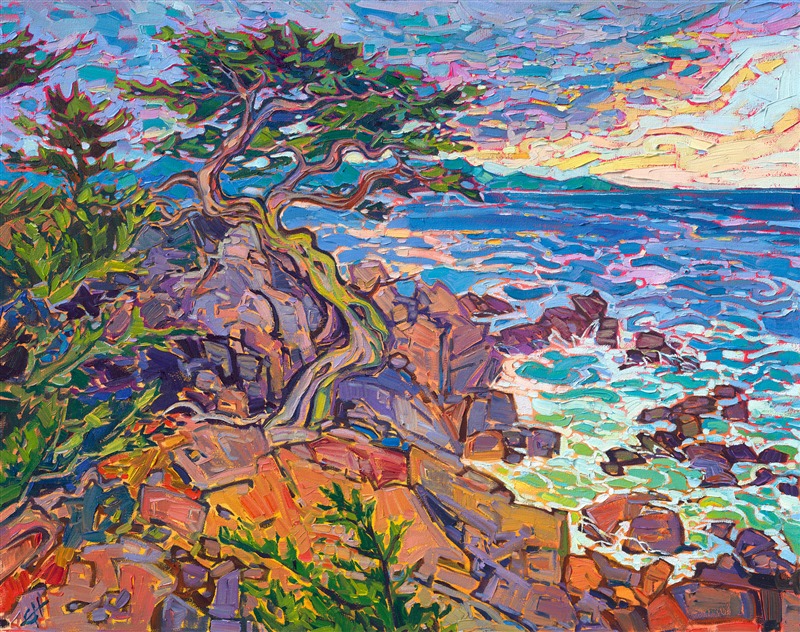 Carmel cypress tree coastal painting California impressionism landscape for sale by The Erin Hanson Gallery in Carmel-by-the-Sea