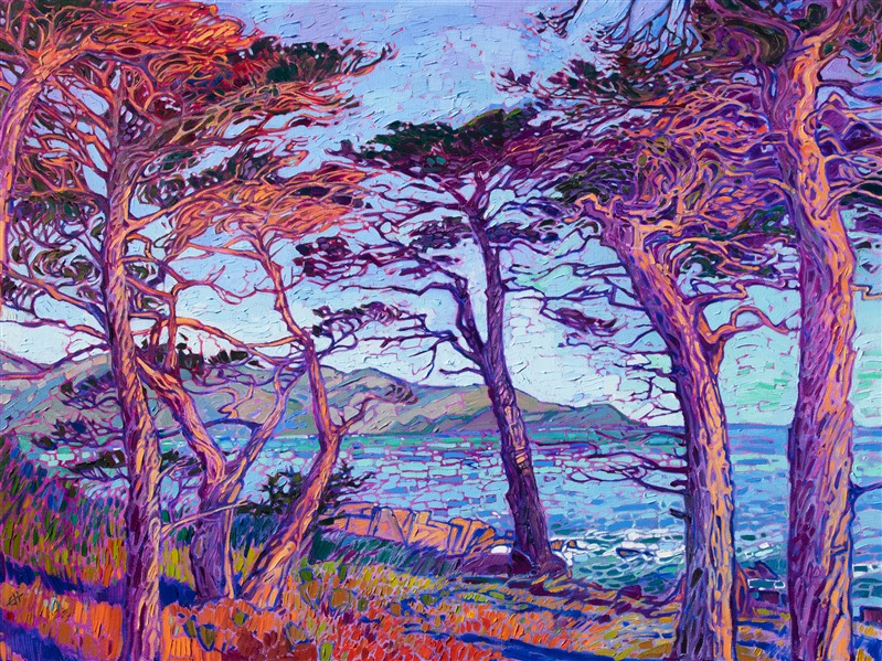 Erin Hanson Carmel cypress tree oil painting in a contemporary impressionism style.