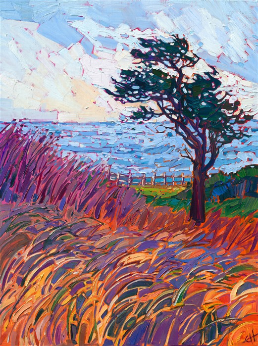 Cypress tree oil painting of Mendocino, California coast, for sale by artist Erin Hanson