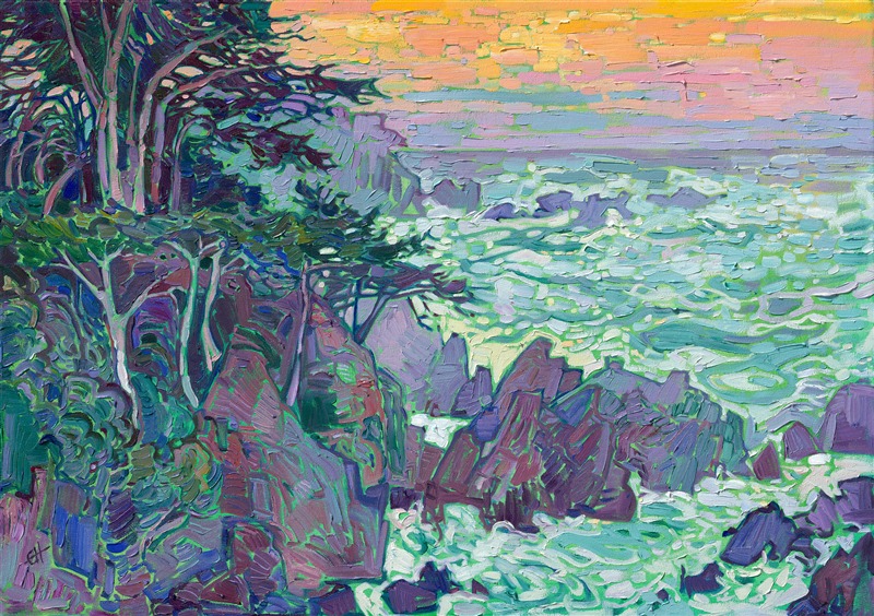 Painting of Carmel with Monterey cypress trees in the rising fog, artwork by impressionist master Erin Hanson