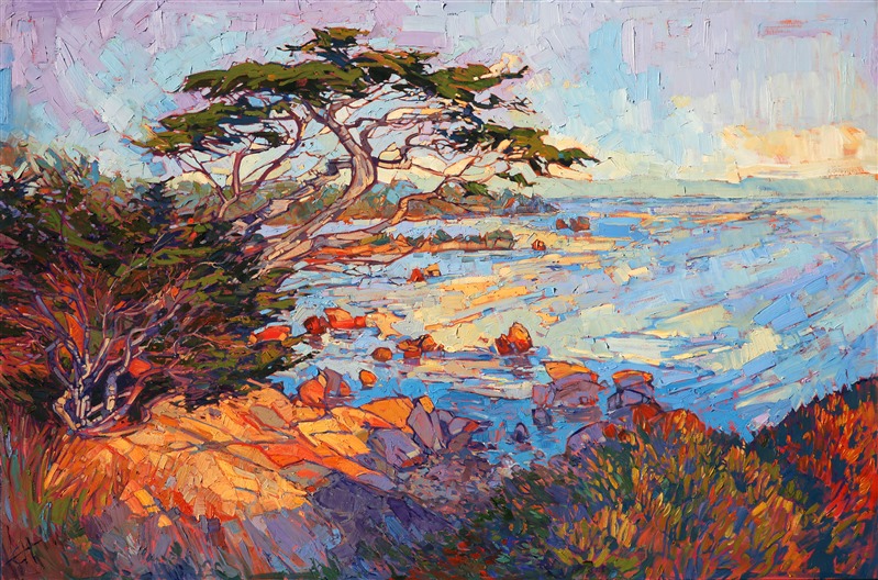 Pebble Beach cypress tree painting by modern impressionist painter Erin Hanson