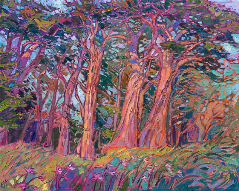 Cypress Trees at Elk in Mendocino County, orignal oil painting of coastal cypress landscape, by famous American painter Erin Hanson.