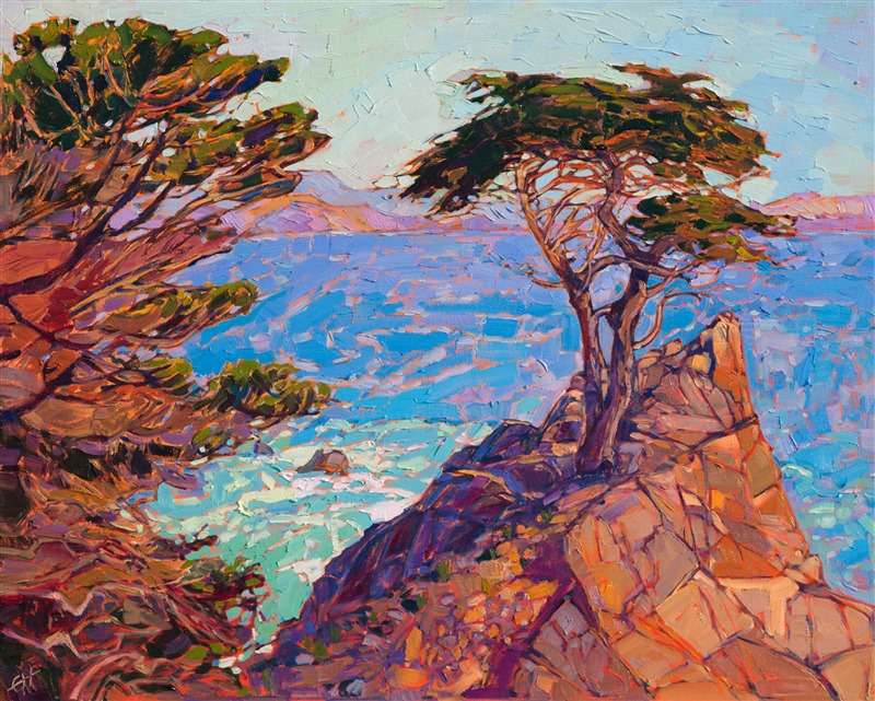 Modern impressionism oil painting of Lone Cypress in Monterey.