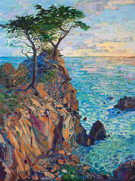 California rocky cliffs in Pebble Beach painted in oils on canvas by contemporary impressionist Erin Hanson