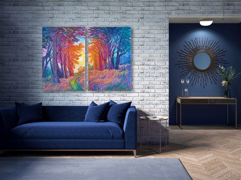 Designing around colorful artwork and a blue sofa couch - using the artwork of Erin Hanson.