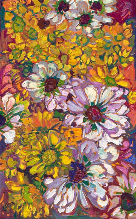 Painting of yellow and white daisies, by contemporary impressionist Erin Hanson