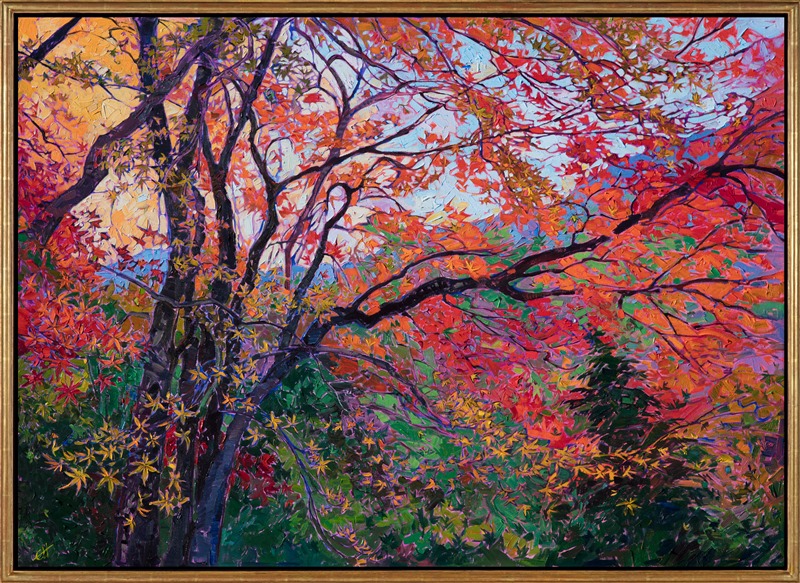 Oil painting of autumn a maple trees in Kyoto Japan by contemporary artist Erin Hanson