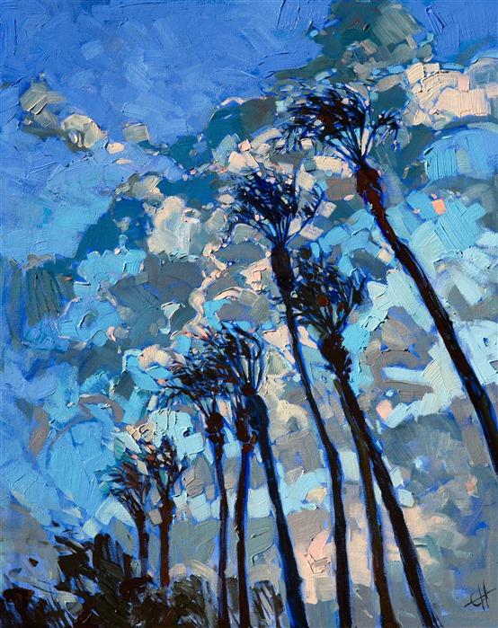 Contemporary impressionist oil painting of California Date Palms, by Erin Hanson