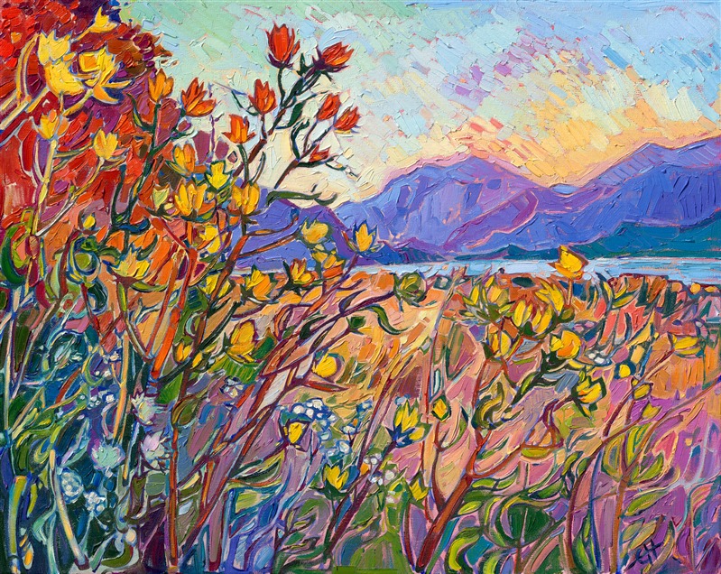 Colorful impressionism painting of Washington northwestern landscape mountains and flowers, by Erin Hanson