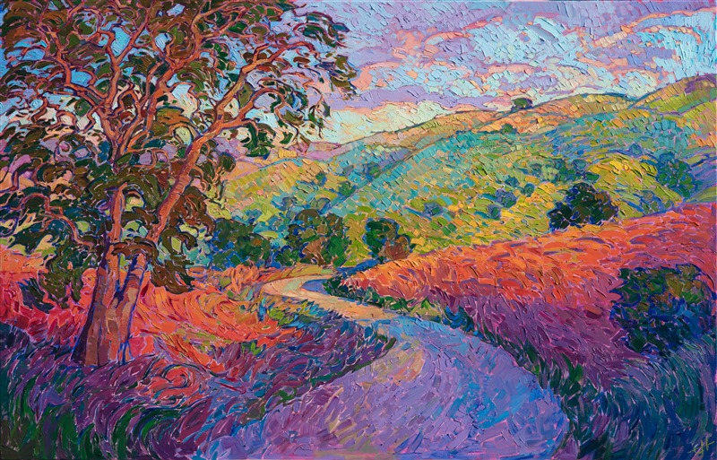 Paso Robles winding road oil painting by modern impressionist landscape artist Erin Hanson.