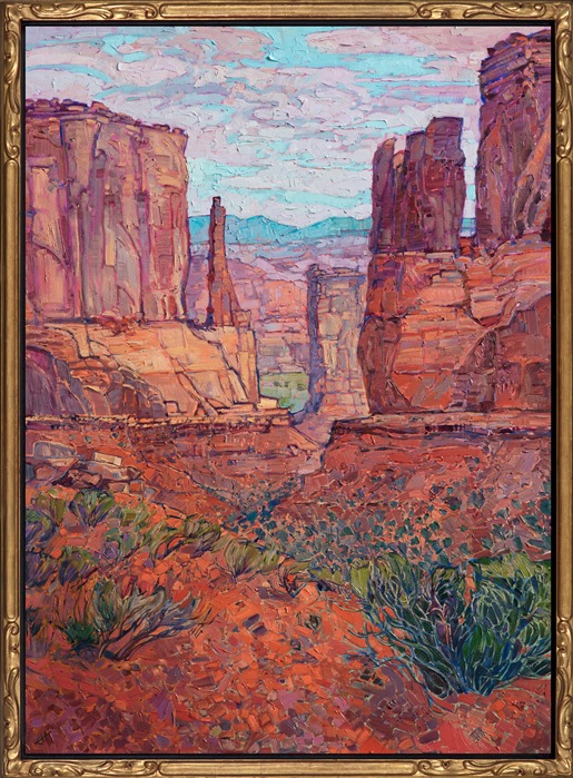 Arches National Park Oil painting by contemporary impressionist artist Erin Hanson framed in a gold floater frame