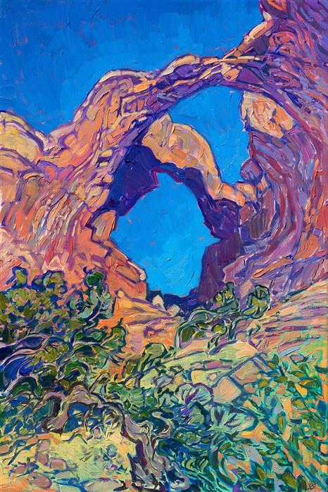 Oil painting red rock landscape art of Arches National Park, by southern Utah artist Erin Hanson. Colorful art of the Colorado Plateau in a contemporary impressionist style.